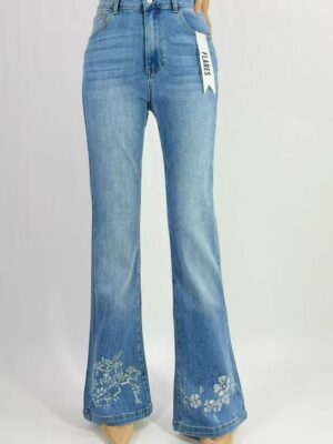Jean premium flare motifs floraux et strass stretch T36-T46 H060