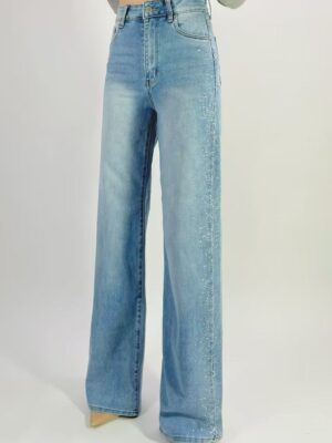Jean premium coupe droite stretch avec strass sur les côtés T36-T46 L8867